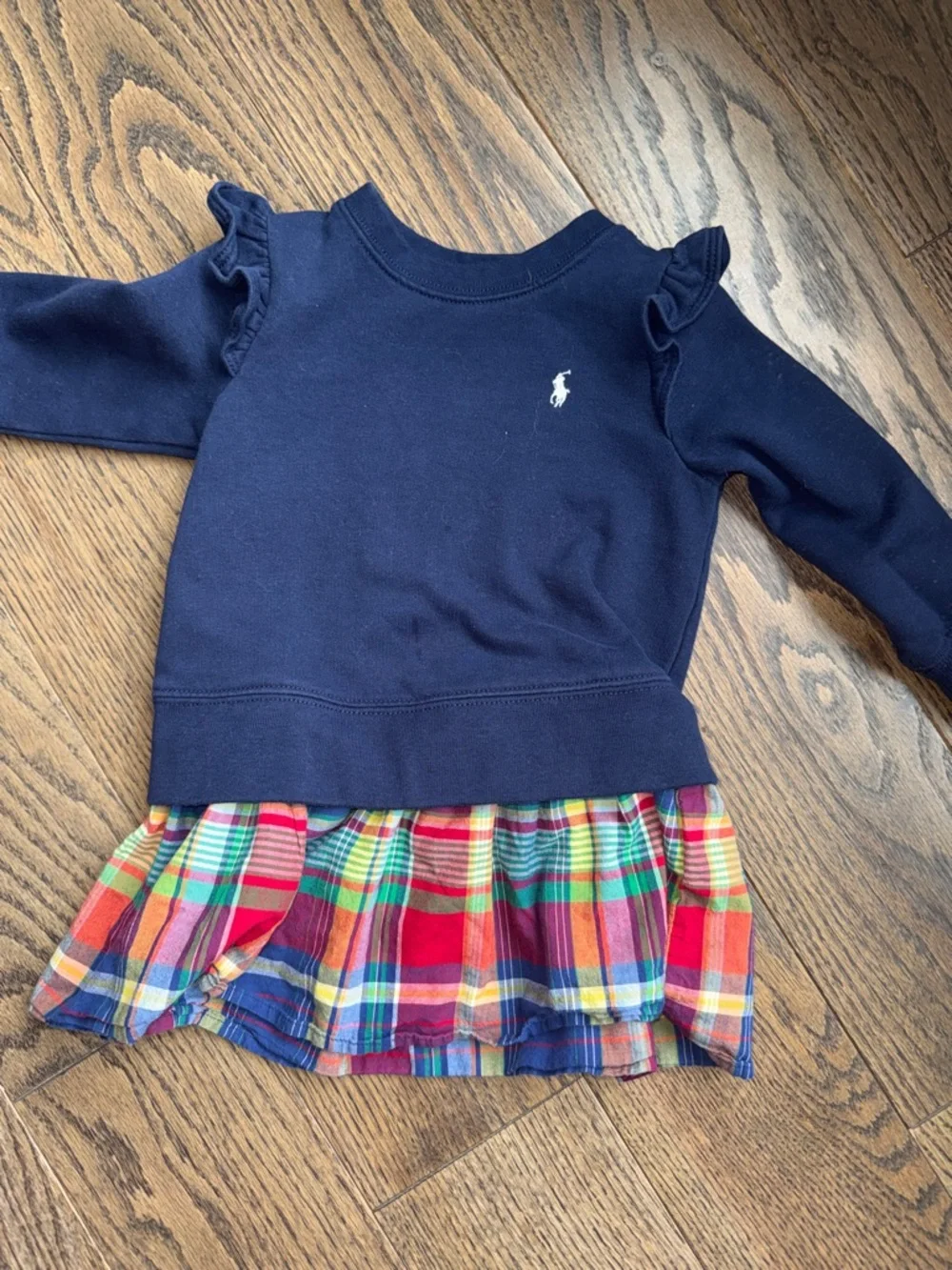 Ralph Lauren Navy Ruffle Shoulder Sweatshirt dress Multicolor Plaid Skirt 2T